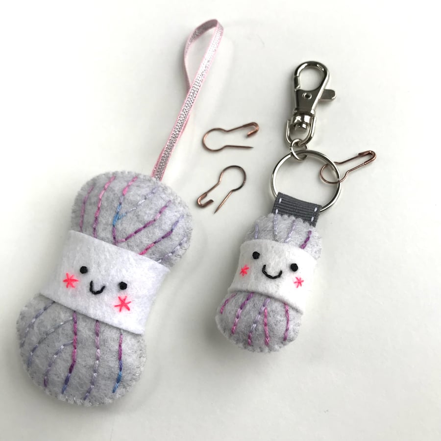 Yarn Ball Keyring and Lavender Bag Set- Marl Grey