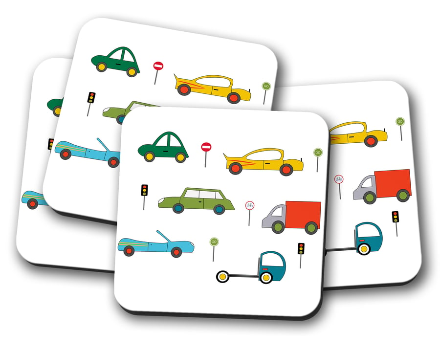 White with Multicoloured Cars Design Coaster, Drinks Mat