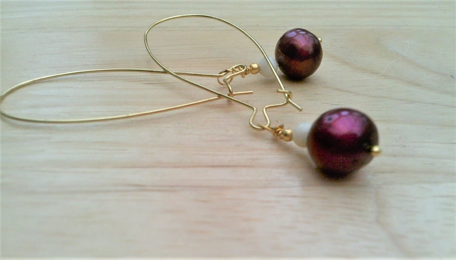 Burgundy Shell Pearl Dangle Earrings, Dangle Dark Red Earrings