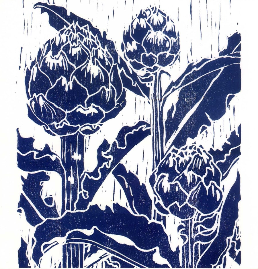 Artichoke, card, woodcut print, woodblock print.