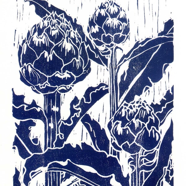Artichoke, card, woodcut print, woodblock print.