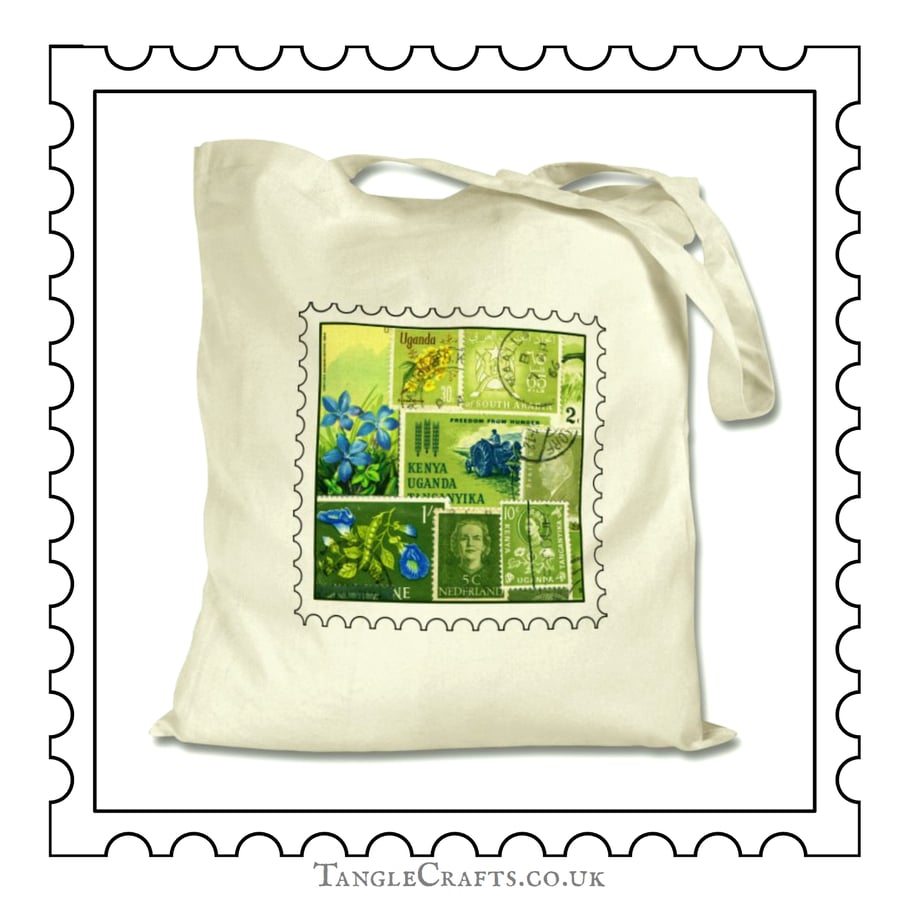 Green Postage Stamp Eco Tote Bag, long handle ecofriendly natural cotton shopper