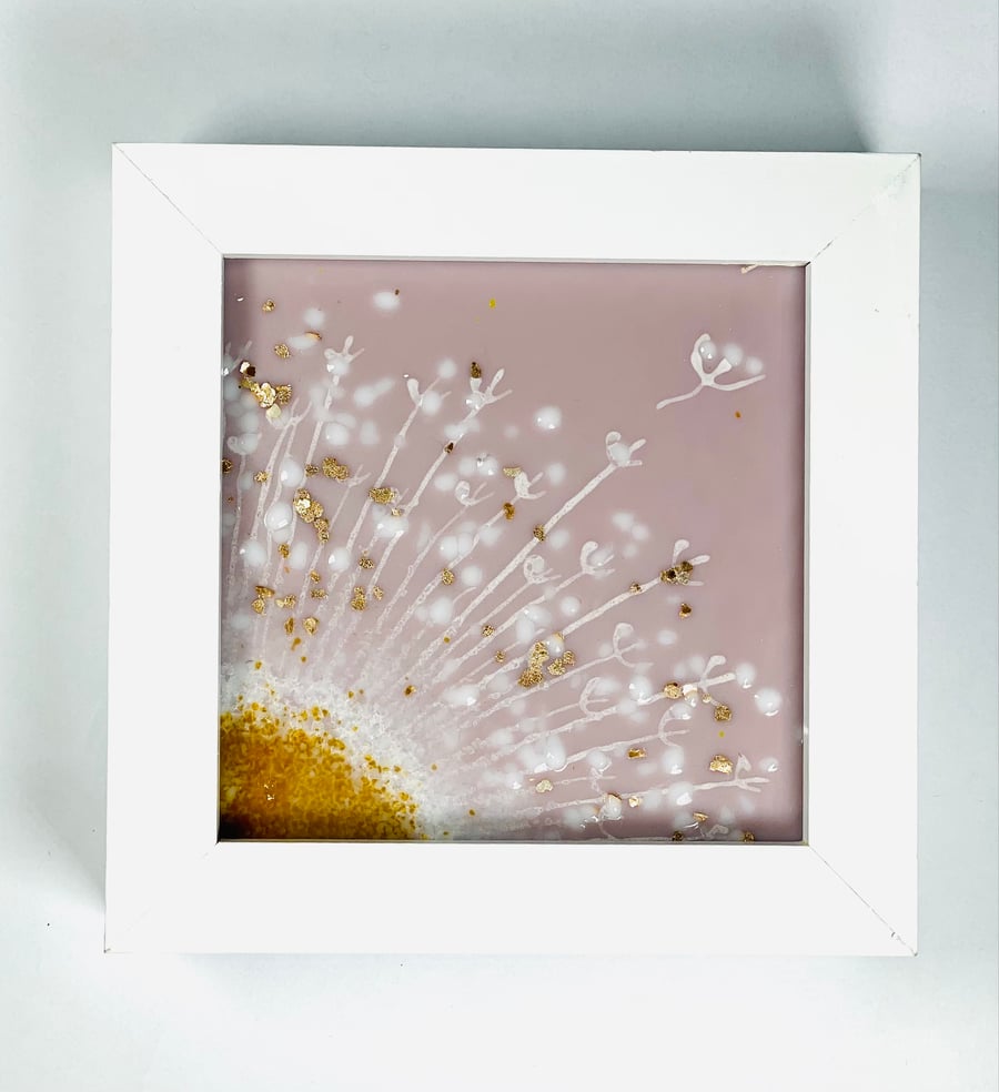 Fused glass dandelion  picture in mauve with gold flakes