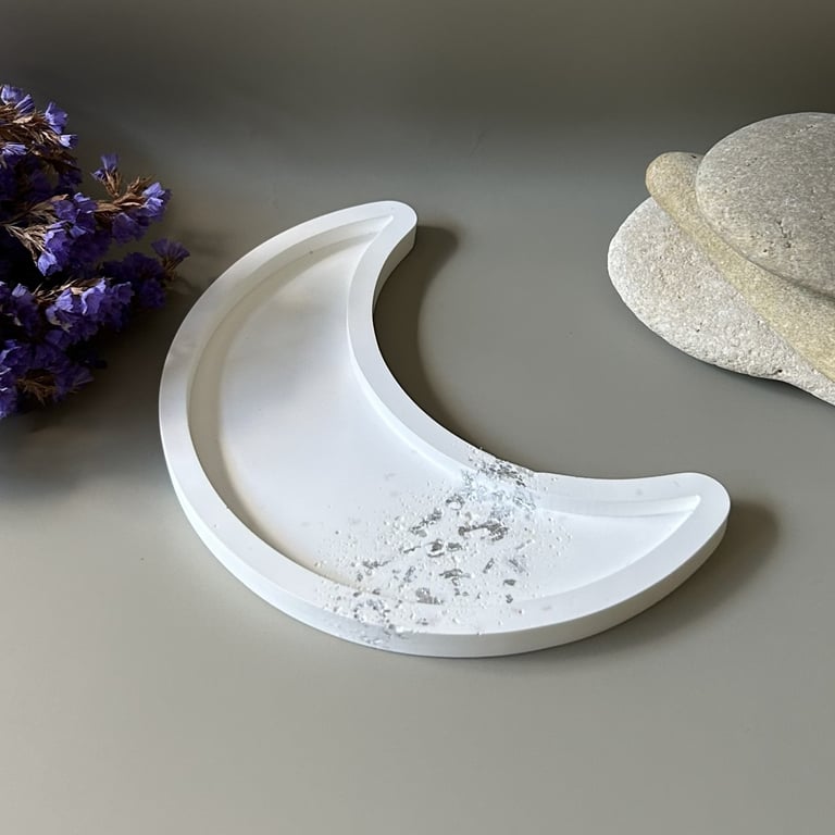White Crescent Moon Shaped Tray with Silver Leaf and Rose Quartz