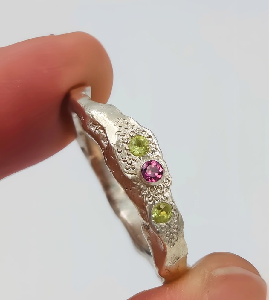 Hand-Forged Sterling Silver Signet Ring with Rhodolite Garnet & Peridot 