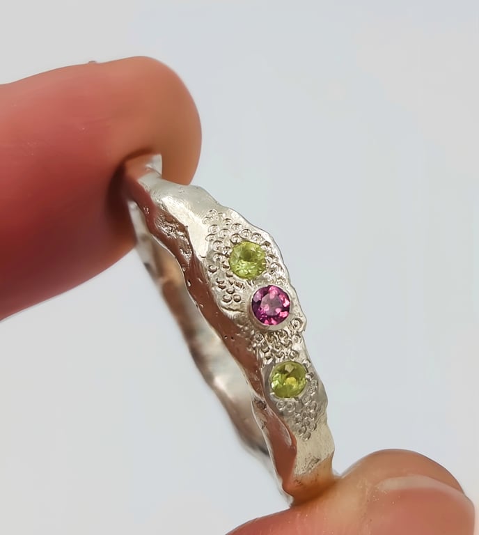 Hand-Forged Sterling Silver Signet Ring with Rhodolite Garnet & Peridot 