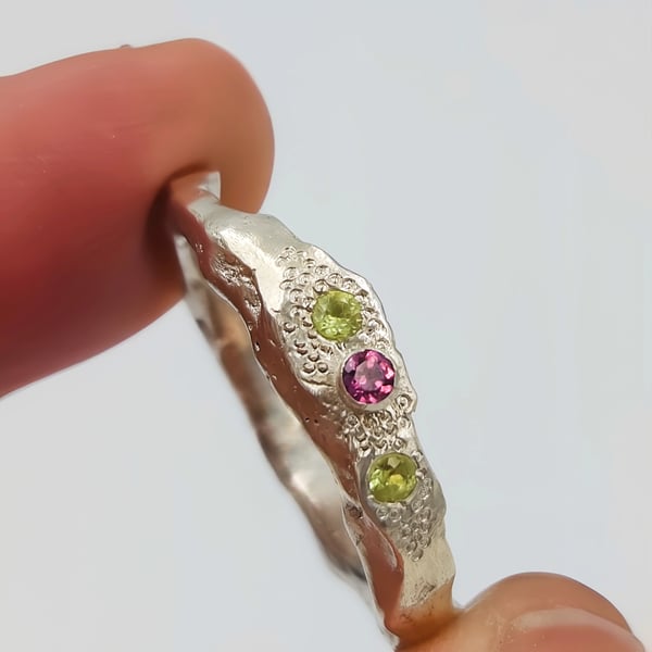 Hand-Forged Sterling Silver Signet Ring with Rhodolite Garnet & Peridot 