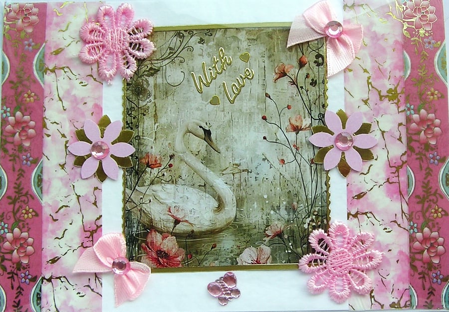 White Swan Bird - Hand Crafted Decoupage Greeting Card - With Love - 3260