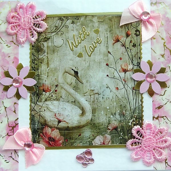 White Swan Bird - Hand Crafted Decoupage Greeting Card - With Love - 3260