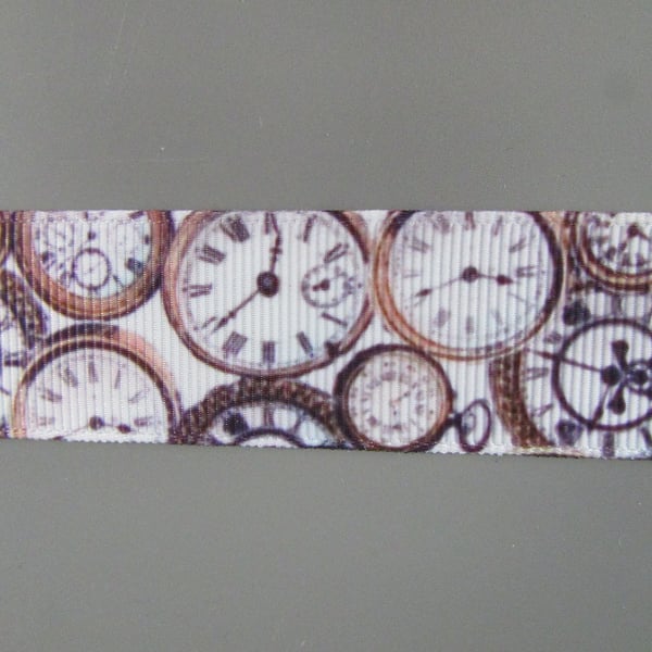Brown Steampunk Clocks 2.5cm Grosgrain Ribbon x 1 metre