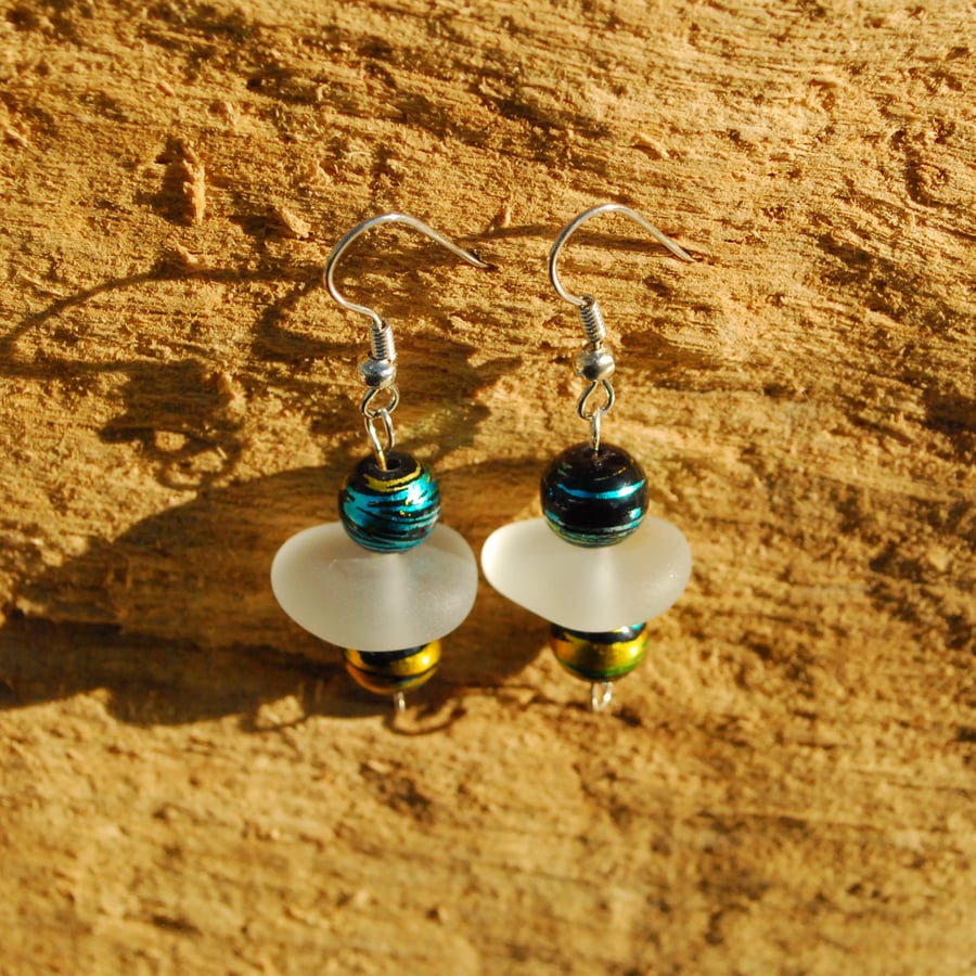 Beach glass earrings with gold and blue beads