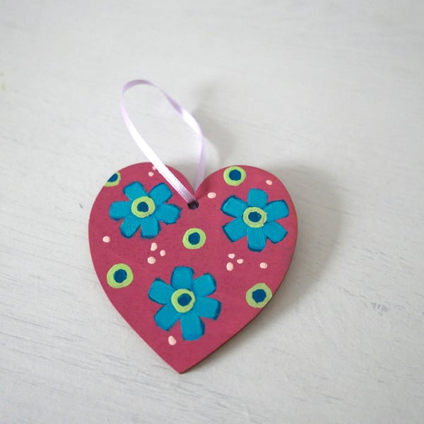 Dusty Pink Heart, Turquoise Flowers, Floral Hanging Decoration for Valentine's 