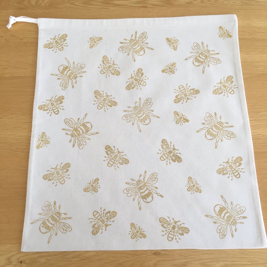 Hand Block Printed Cotton Drawstring Bag - Bees (Indian yellow)