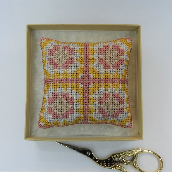Cross Stitch Linen Pincushion, Pin Cushion, Boxed Crafters Gift, Glass filled