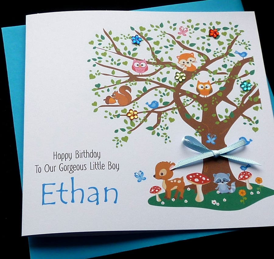 Handmade Personalised Woodland Tree & Animals Birthday Card