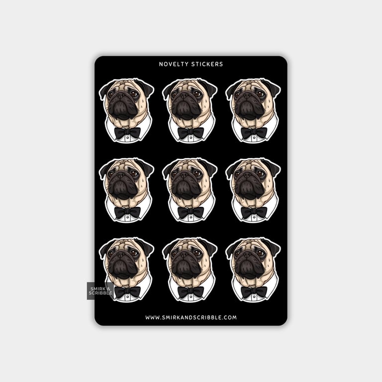 Funny Vinyl Sticker Sheet For Adults - Pug With Bow Tie