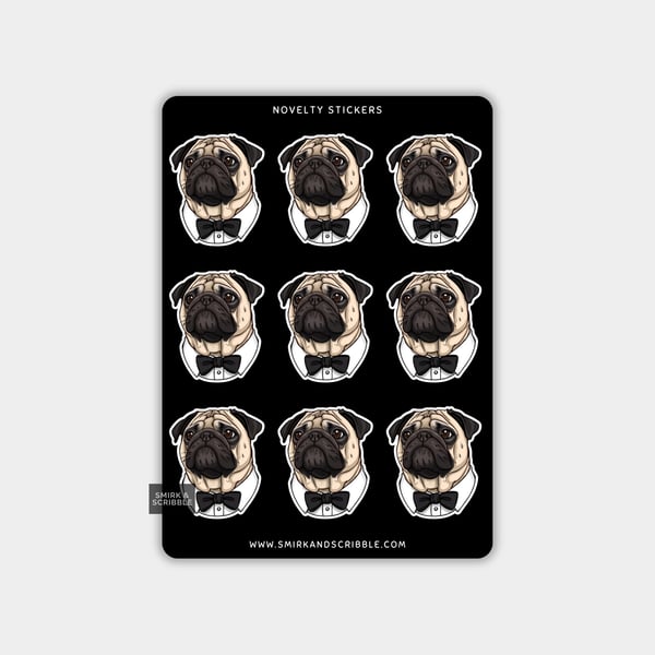 Funny Vinyl Sticker Sheet For Adults - Pug With Bow Tie