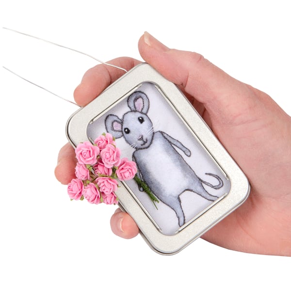 Mouse, a mouse with a pink flowers, 3D fabric mouse framed in a tin