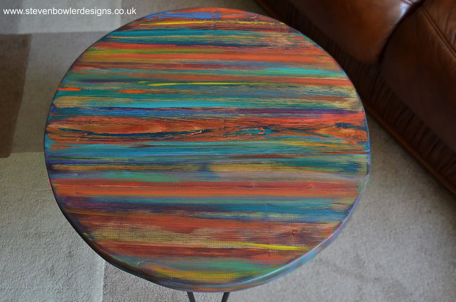 Round Coffee Table 50 cm Dia Coastal Wood  Hand Painted Tropical Sunset Colours