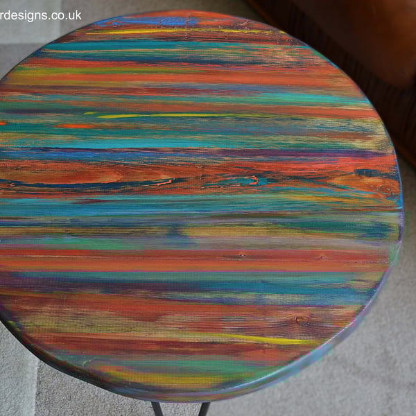 Round Coffee Table 50 cm Dia Coastal Wood  Hand Painted Tropical Sunset Colours