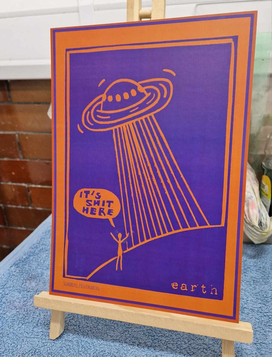 It's Shit Here. UFO alien art print. Orange and purple. A4.