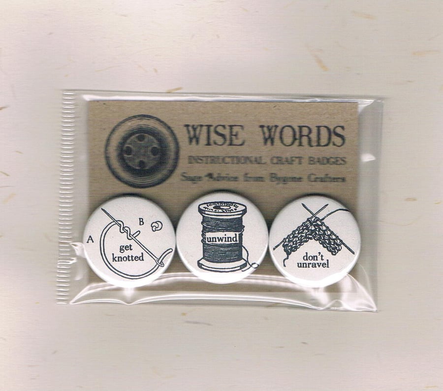 WISE WORDS - Instructional Craft Badges, Set of 3 - vintage illustrations