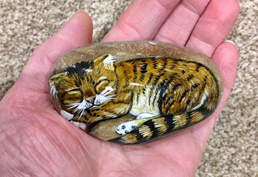 Cat sleeping Painted pebble garden rock art pet stone 