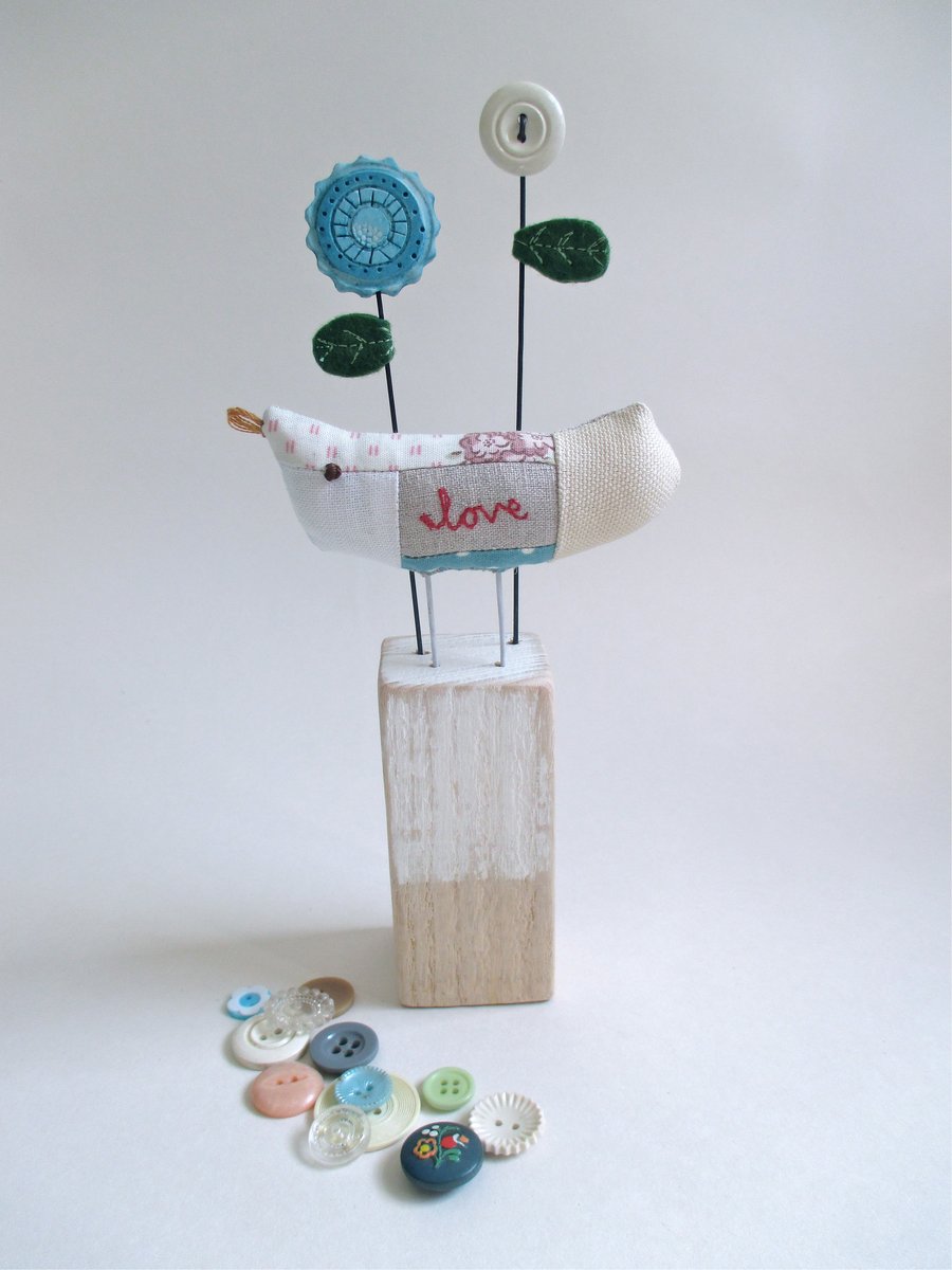 SALE - Fabric Patchwork Love Bird with Button and Clay Flowers