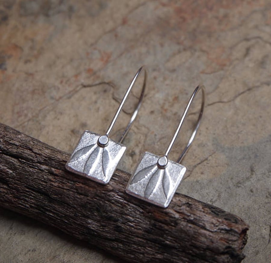 Silver drop earrings, leaf design earrings