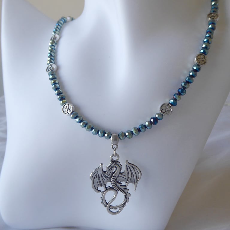 Blue-Green Faceted Bead Necklace with Dragon Pendant