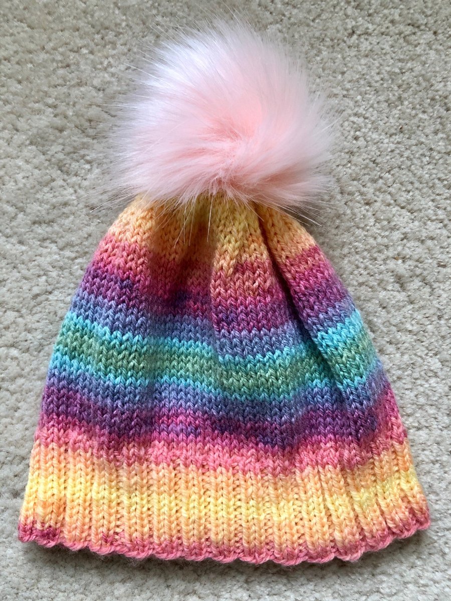 Hand Knitted Hat 4 with removable synthetic pom pom to fit most adults