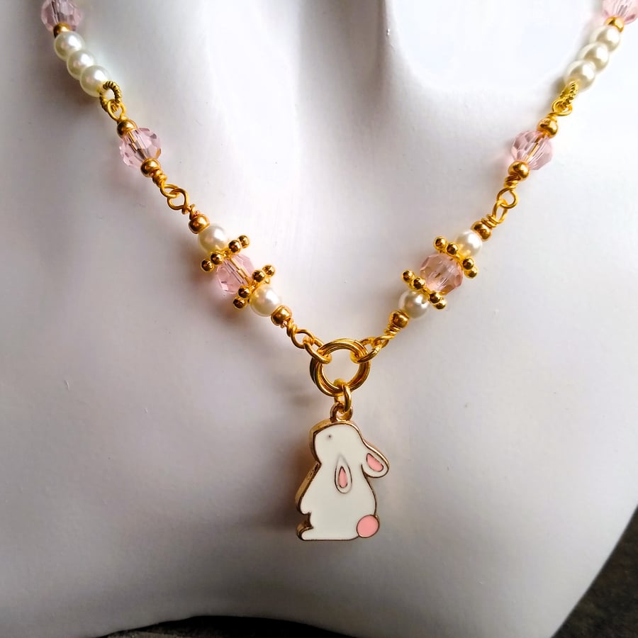 Enamel Rabbit  Pendant with Glass Pearl and Pink & Gold Bead Necklace 14-16 Inch