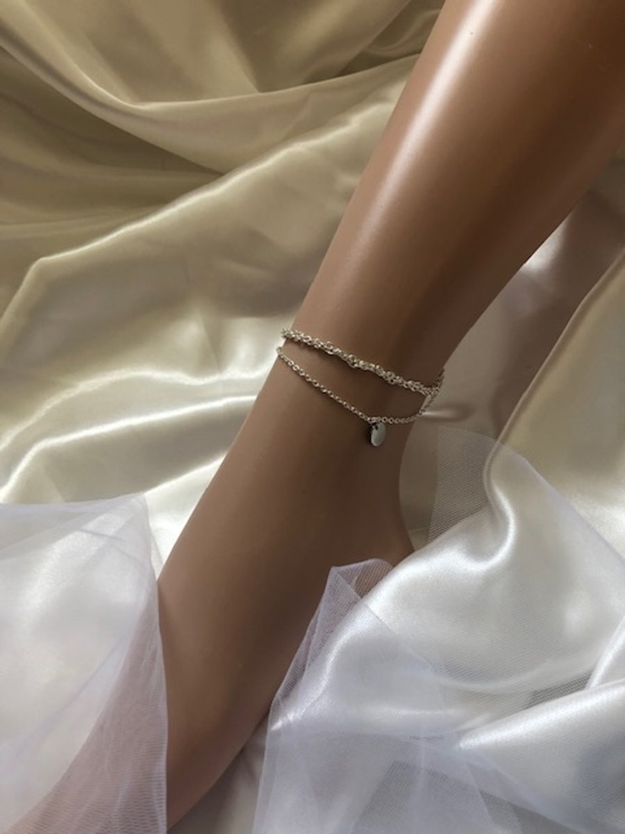 Silver Double Ankle Chain Bracelet with Disc - Bohemian Disc Anklet with Accent