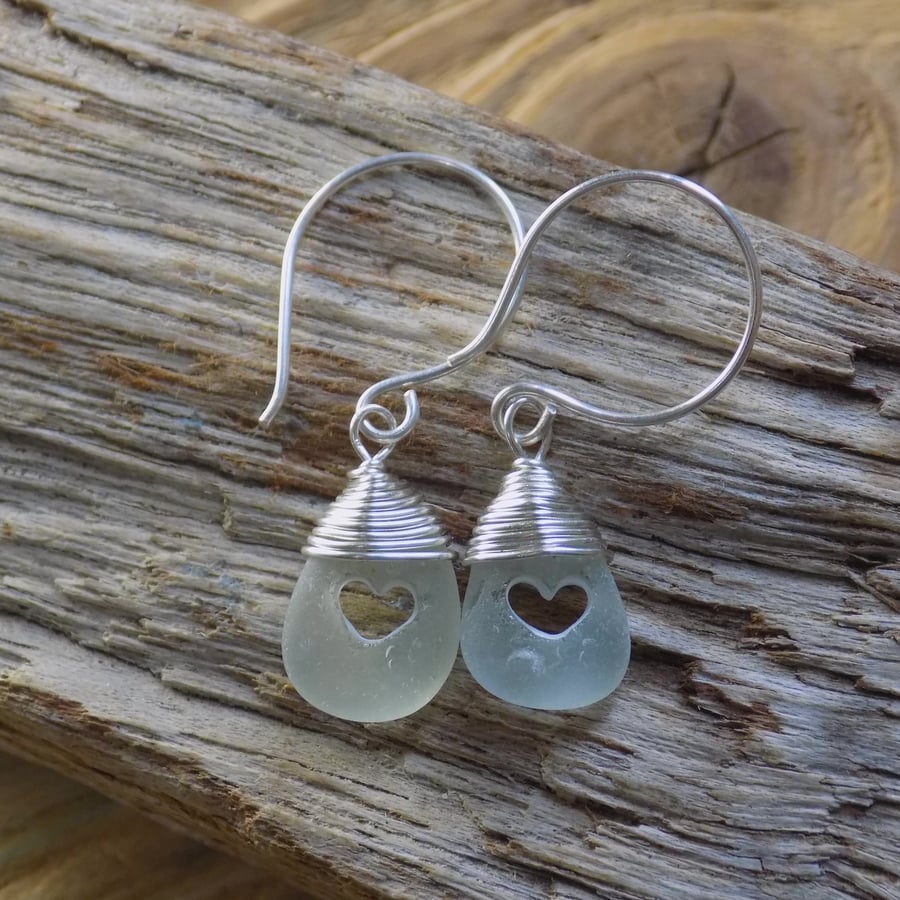 drilled heart sea glass drop earrings