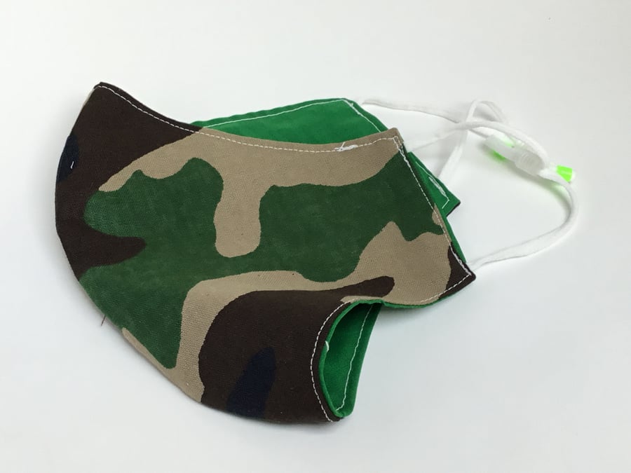 Large reusable, double layered, washable and adjustable green camo face mask