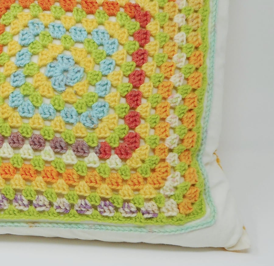 Crochet Granny Square cushion cover with gingham back - Ray of Sunshine