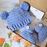 Crochet Baby Hat and Booties Set with Double Pom Poms