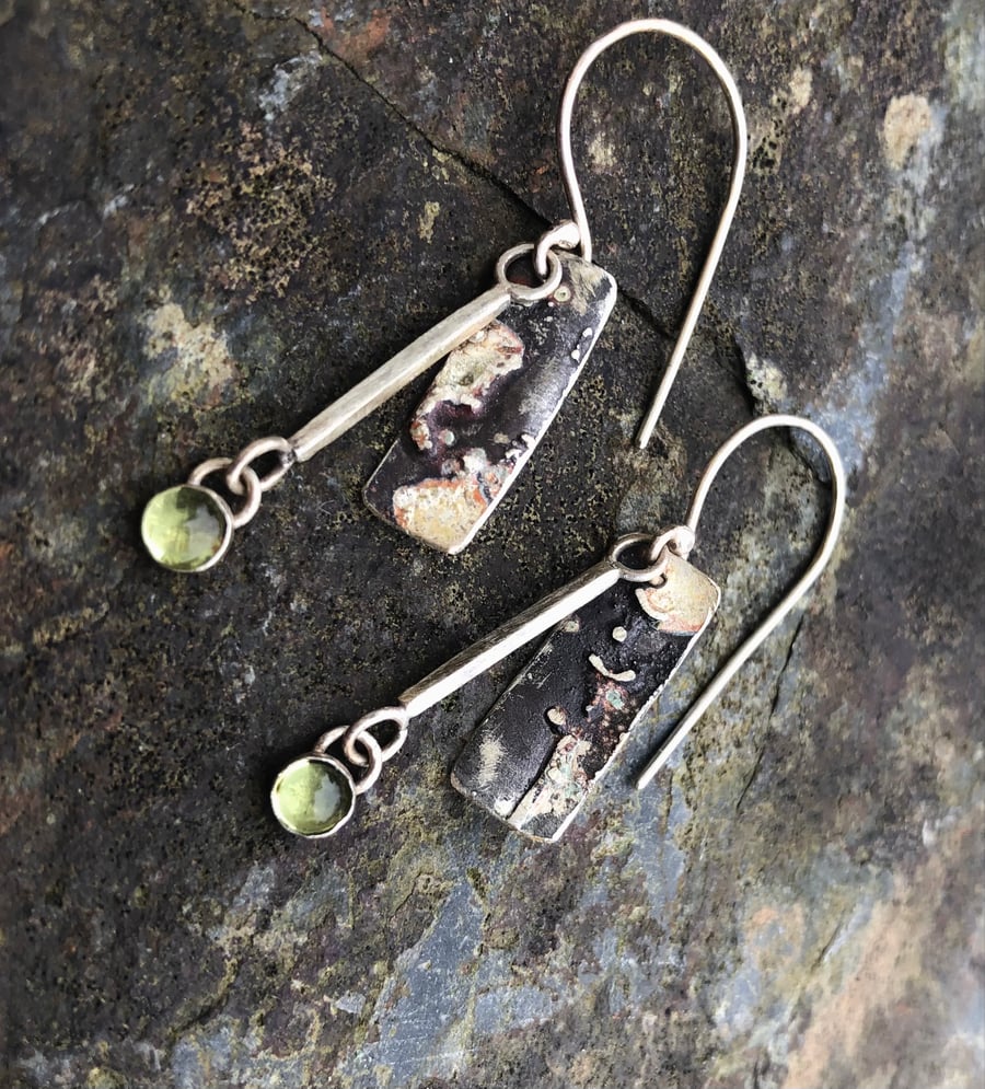 Textured Oxidised Silver Earrings  with Peridot Drop