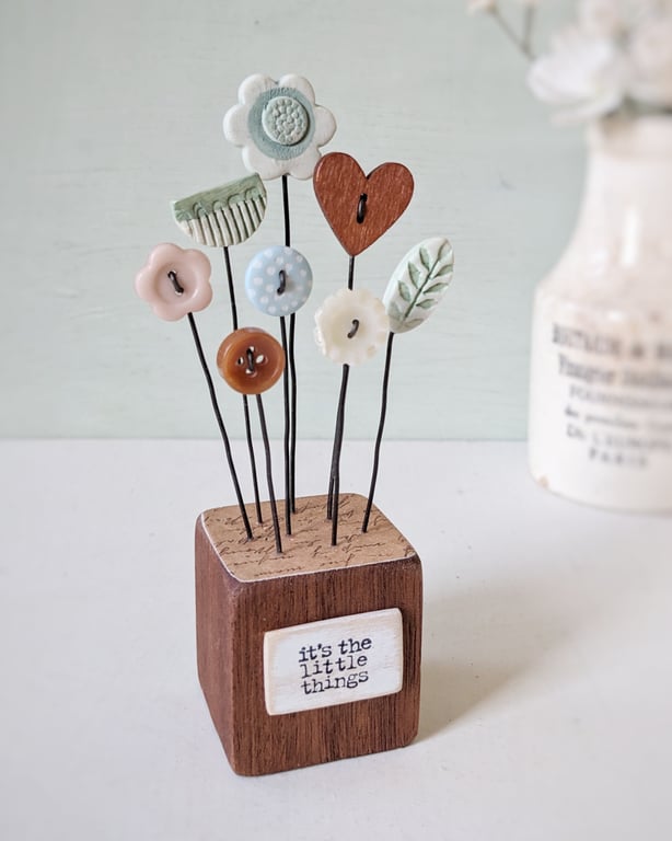 Clay Flower and Button Garden in a Wood Block 'Its the little things'