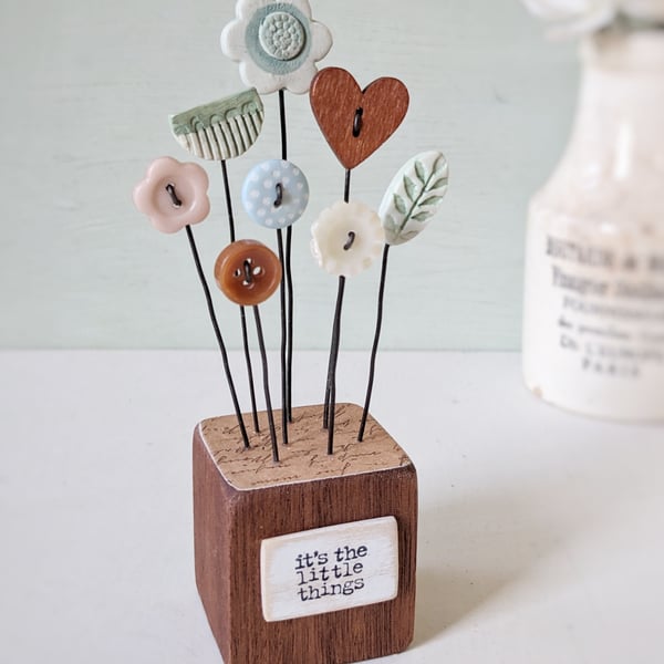 Clay Flower and Button Garden in a Wood Block 'Its the little things'