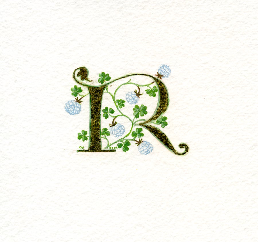 Initial letter R in 23c gold leaf with white clover gift letter..