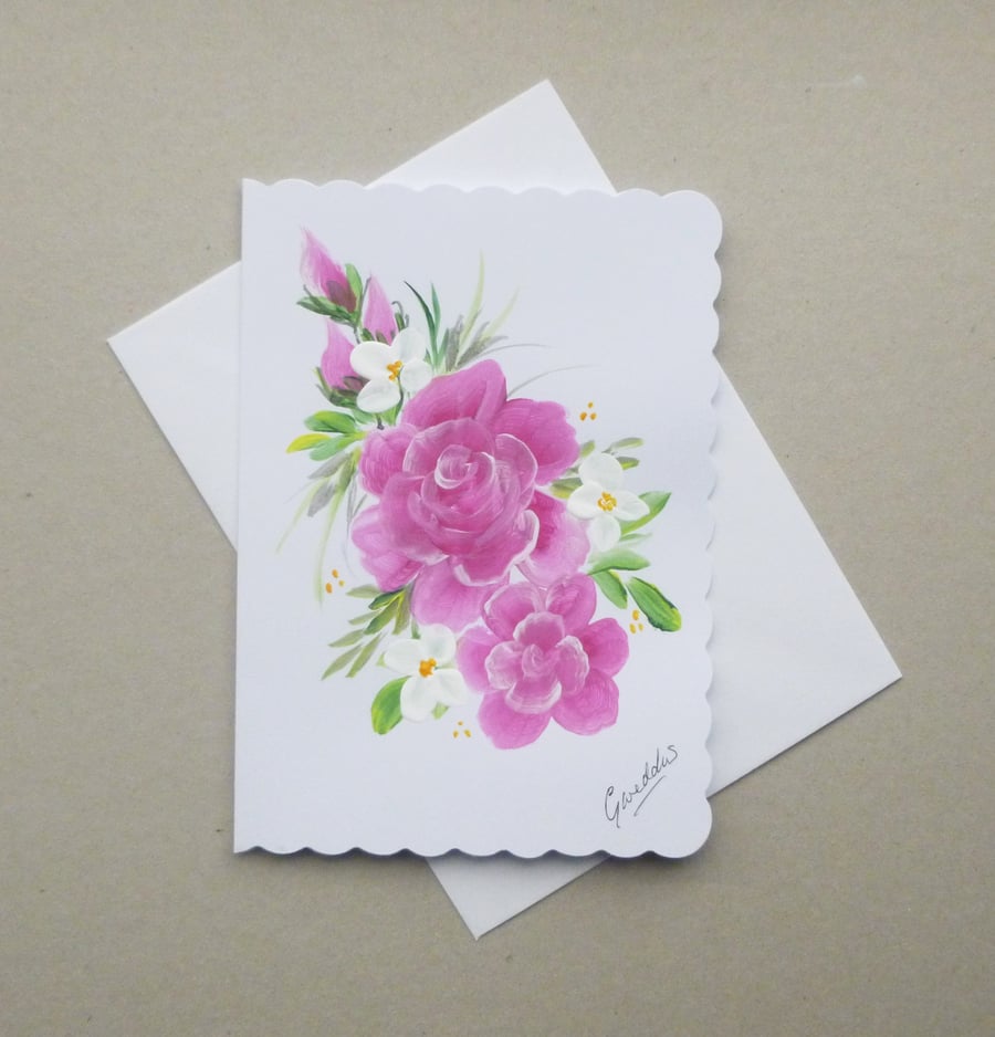 hand painted original art roses greetings card ( ref F 877 K1 )