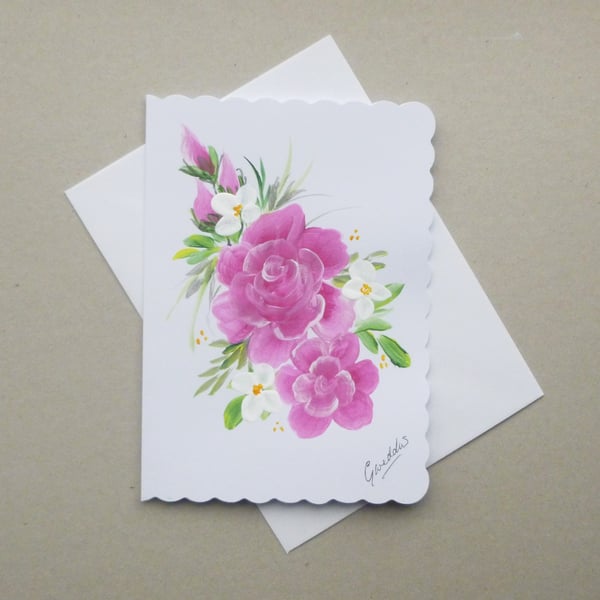 hand painted original art roses greetings card ( ref F 877 K1 )