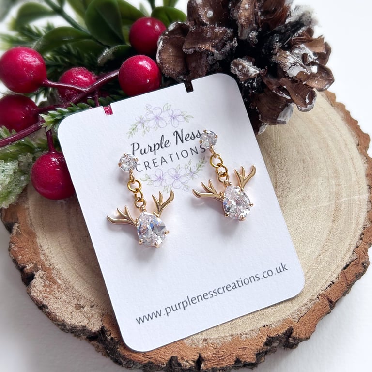 Diamante Stag Head Gold Plated Christmas Earrings