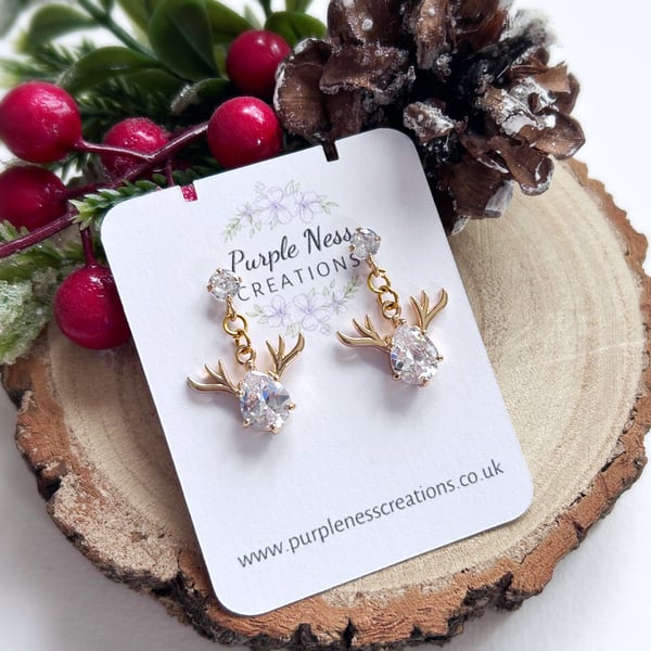 Diamante Stag Head Gold Plated Christmas Earrings