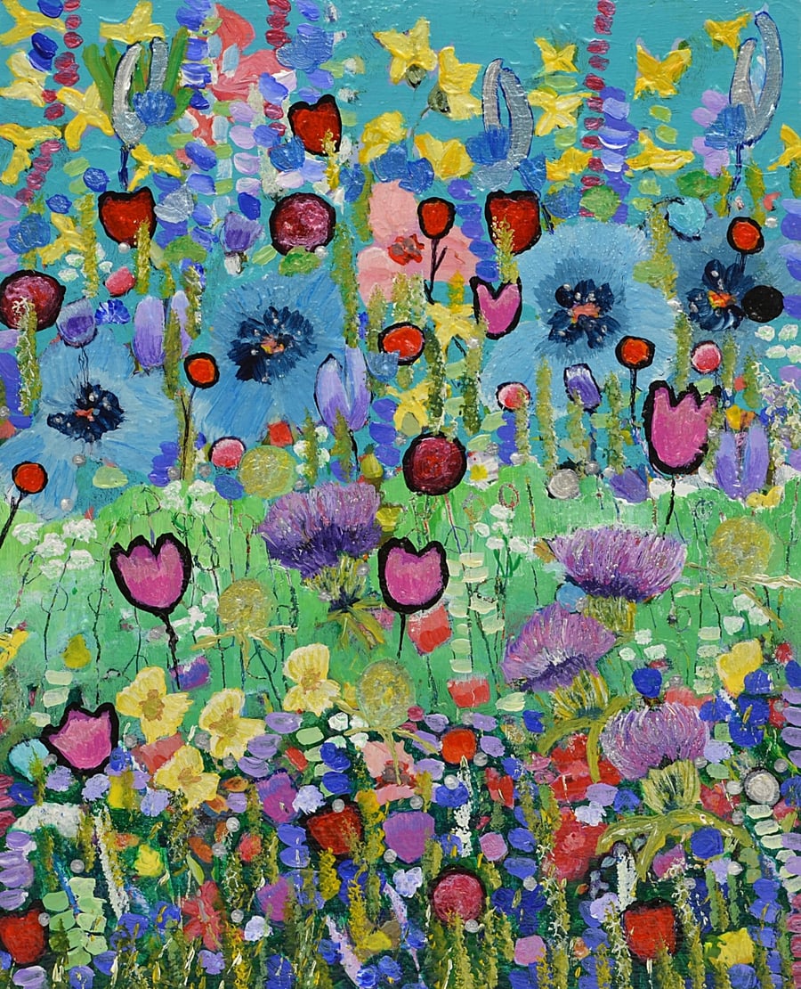 Contemporary Painting of Highland Wildflowers. 10 x 8 inches. Ready to Hang.