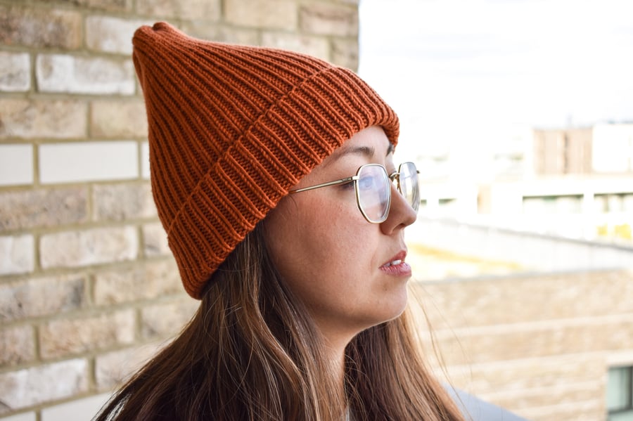 Knitted burnt orange merino wool beanie hat 