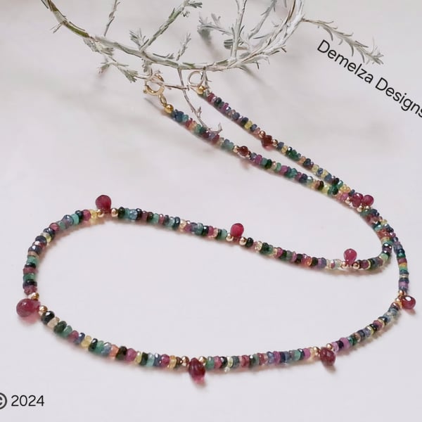 Genuine  9k Gold. Ombre Sapphires, Emerald,  Ruby Dainty Necklace 'ONE OFF'
