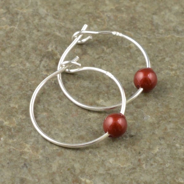 Dark Red Bordeaux Swarovski Crystal Pearl 15mm Sterling Silver Hoop Earrings