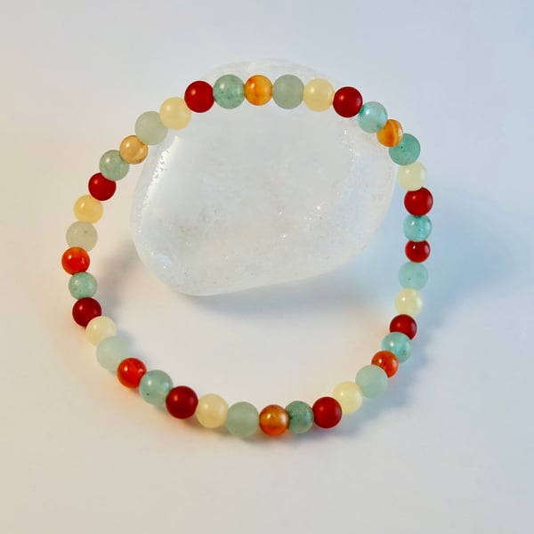 Mixed Gemstone Bracelet - Aventurine, Carnelian & Ambronite - Handmade In Devon